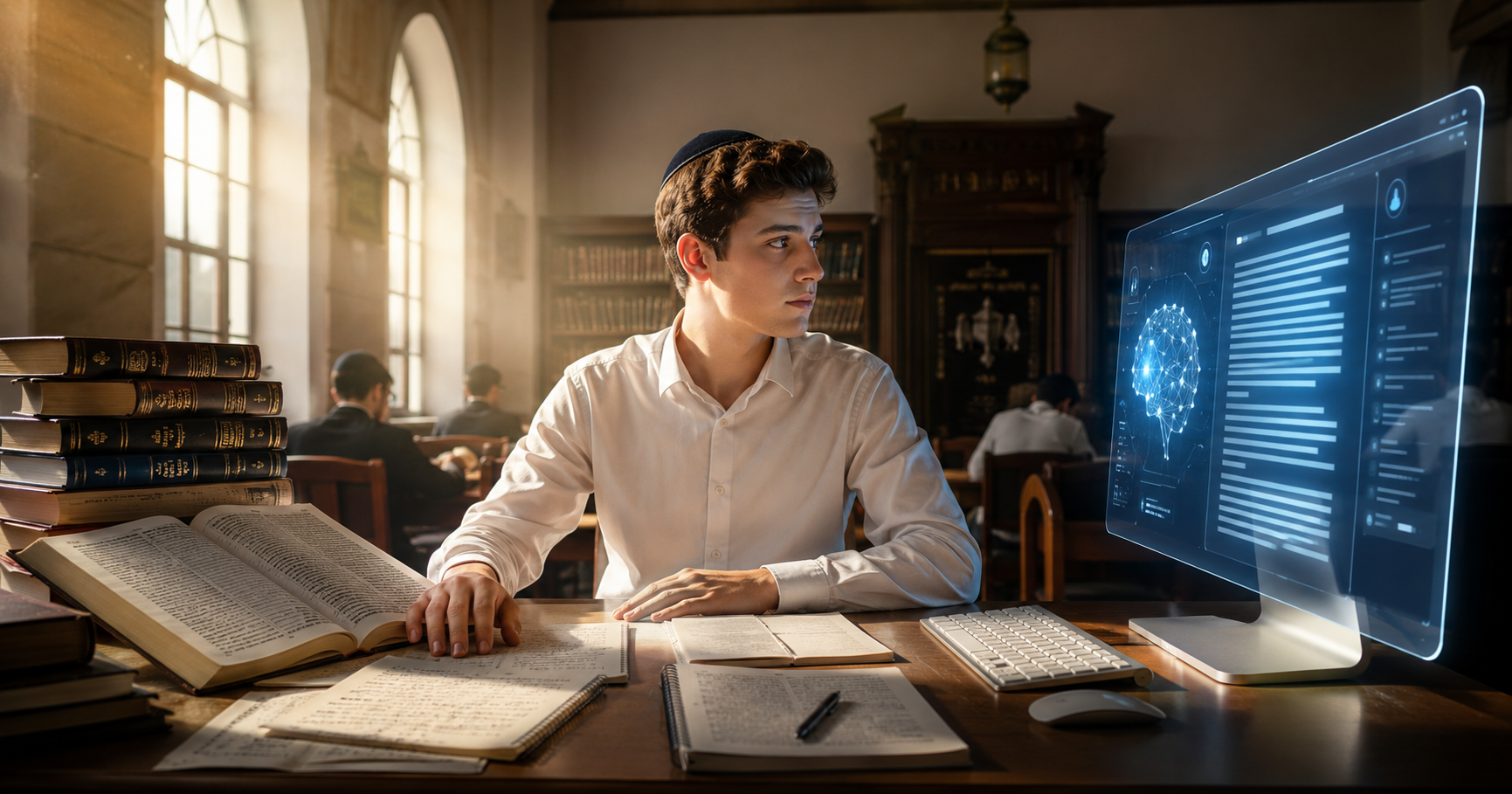 Étudiant juif partagé entre l’étude de la Torah et une interface d’intelligence artificielle.