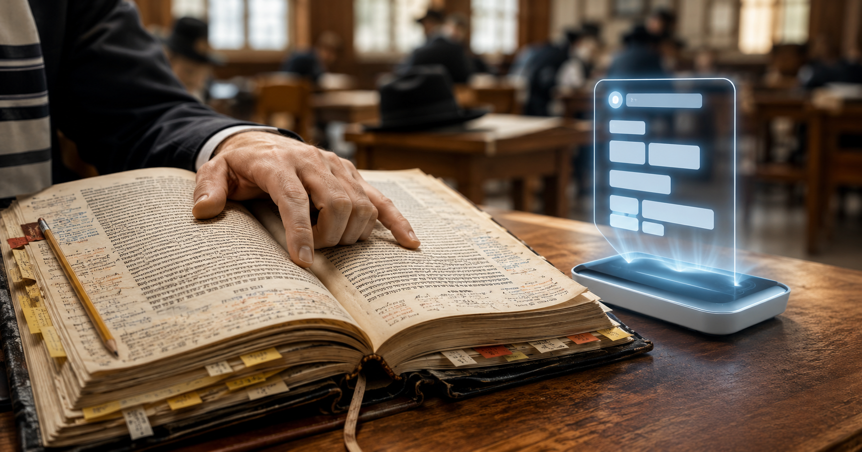 Main posée sur une Guemara annotée à côté d’un outil d’intelligence artificielle.