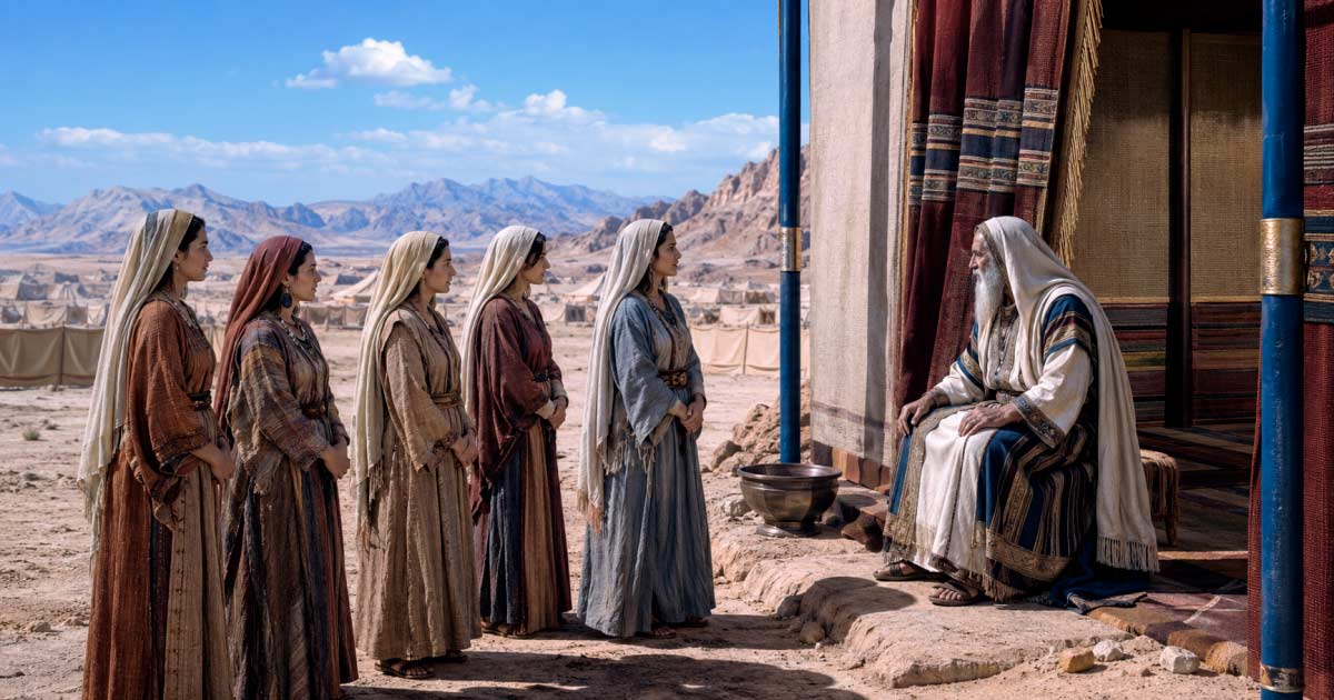 Les filles de Tselofhad face à Moché Rabbenou qui expose leur litige.