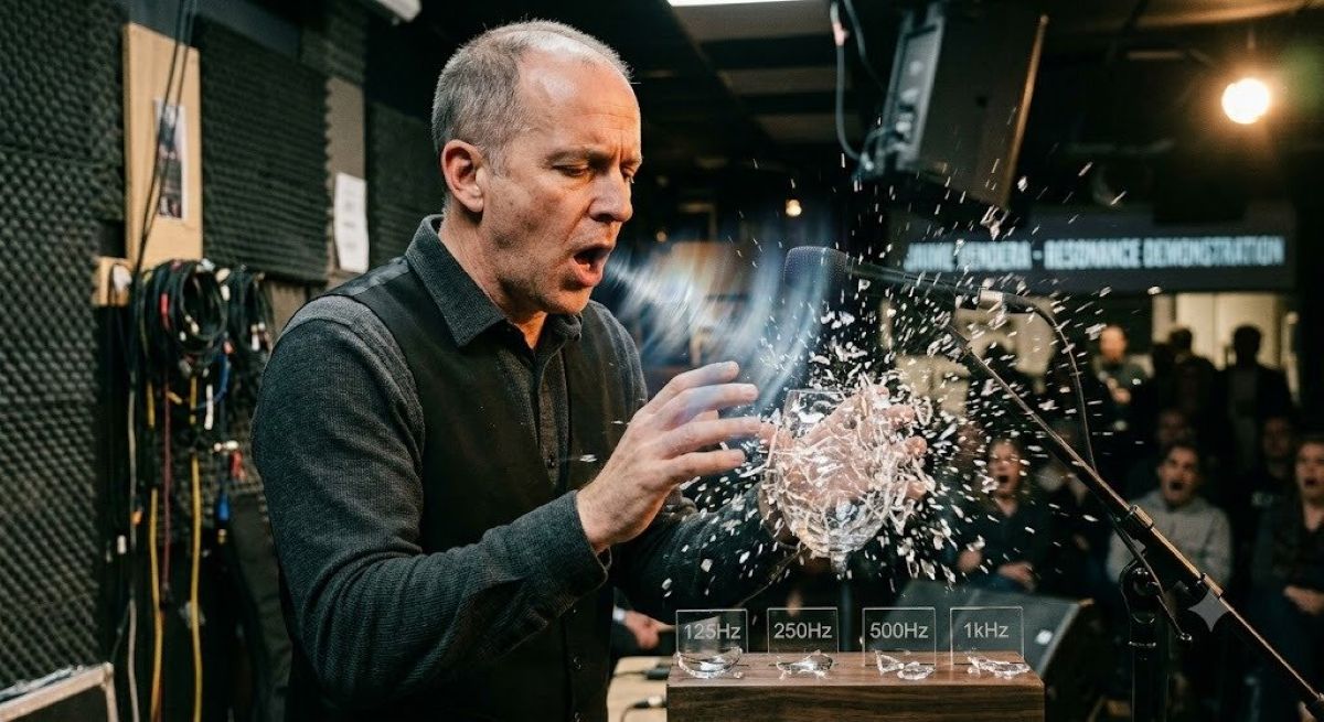 Un homme démontre la puissance de la résonance acoustique en faisant éclater un verre grâce à une fréquence vocale précise, sous le regard impressionné du public