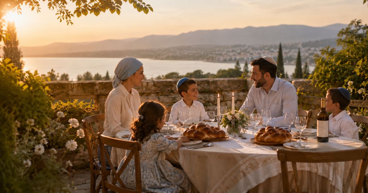 Famille juive réunie autour d’une table de Chabbat en vacances