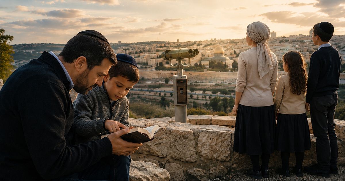 Père étudiant la Torah avec son fils face à Jérusalem