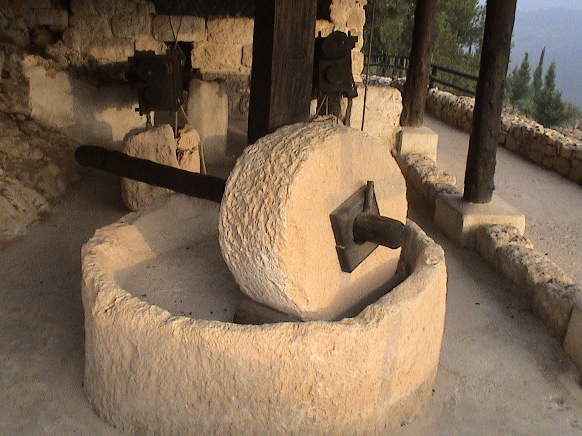 3. Reconstitution fidèle d'un pressoir à huile antique. Il se compose d'une meule cylindrique en pierre, entrainée par u...