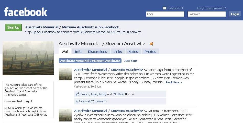 Le Mémorial d'Auschwitz sur Facebook