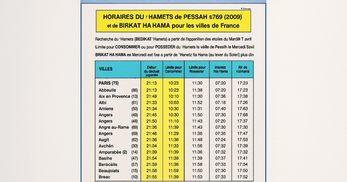 Horaires du 'Hamèts de Péssa'h 5769 et de Birkate Ha'hama