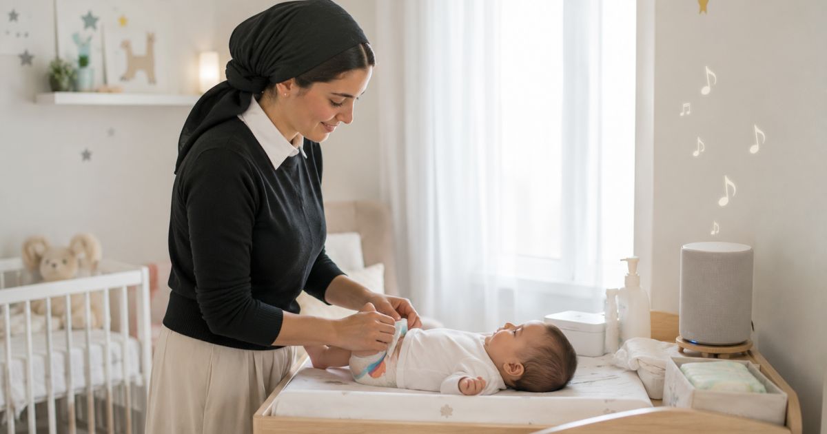 Changer la couche d'un enfant au son d'une chanson de Kodèch